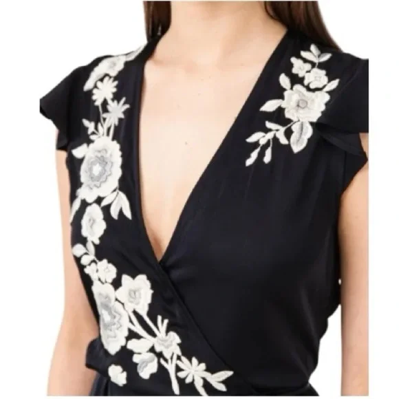 VENUS Black w/ White Embroidered Floral Asymmetric Fringe Wrap Midi Dress Size 8 - Picture 5 of 11